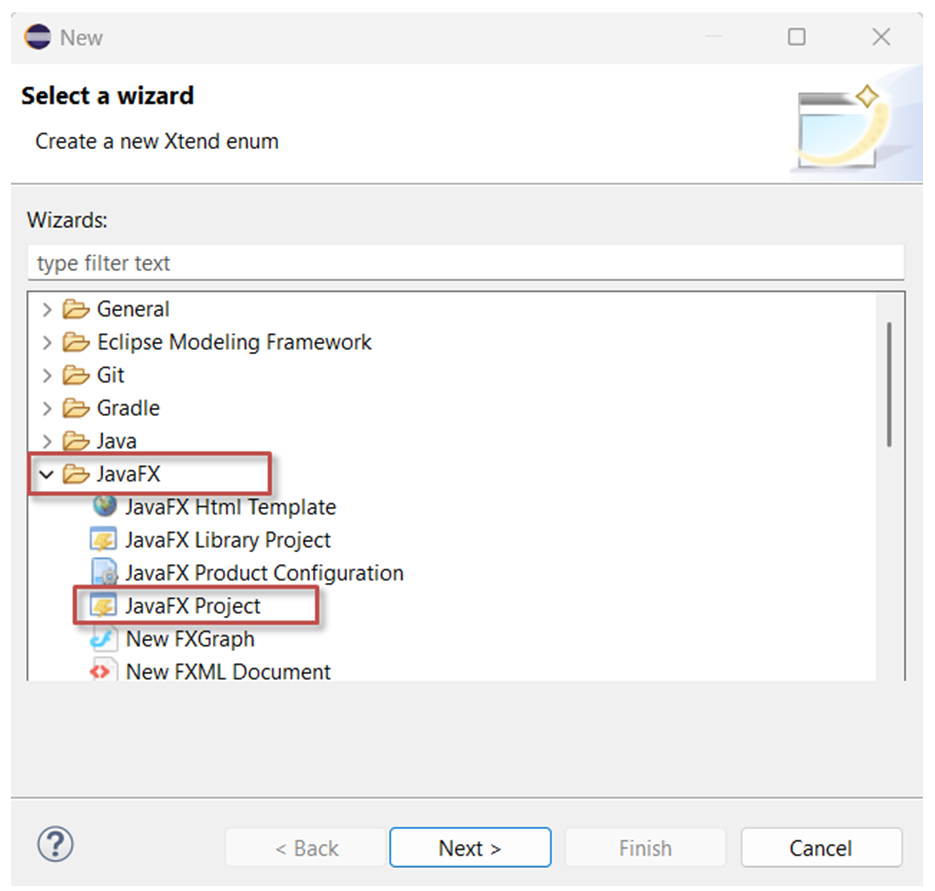 Assistant de création de projet JavaFX dans Eclipse